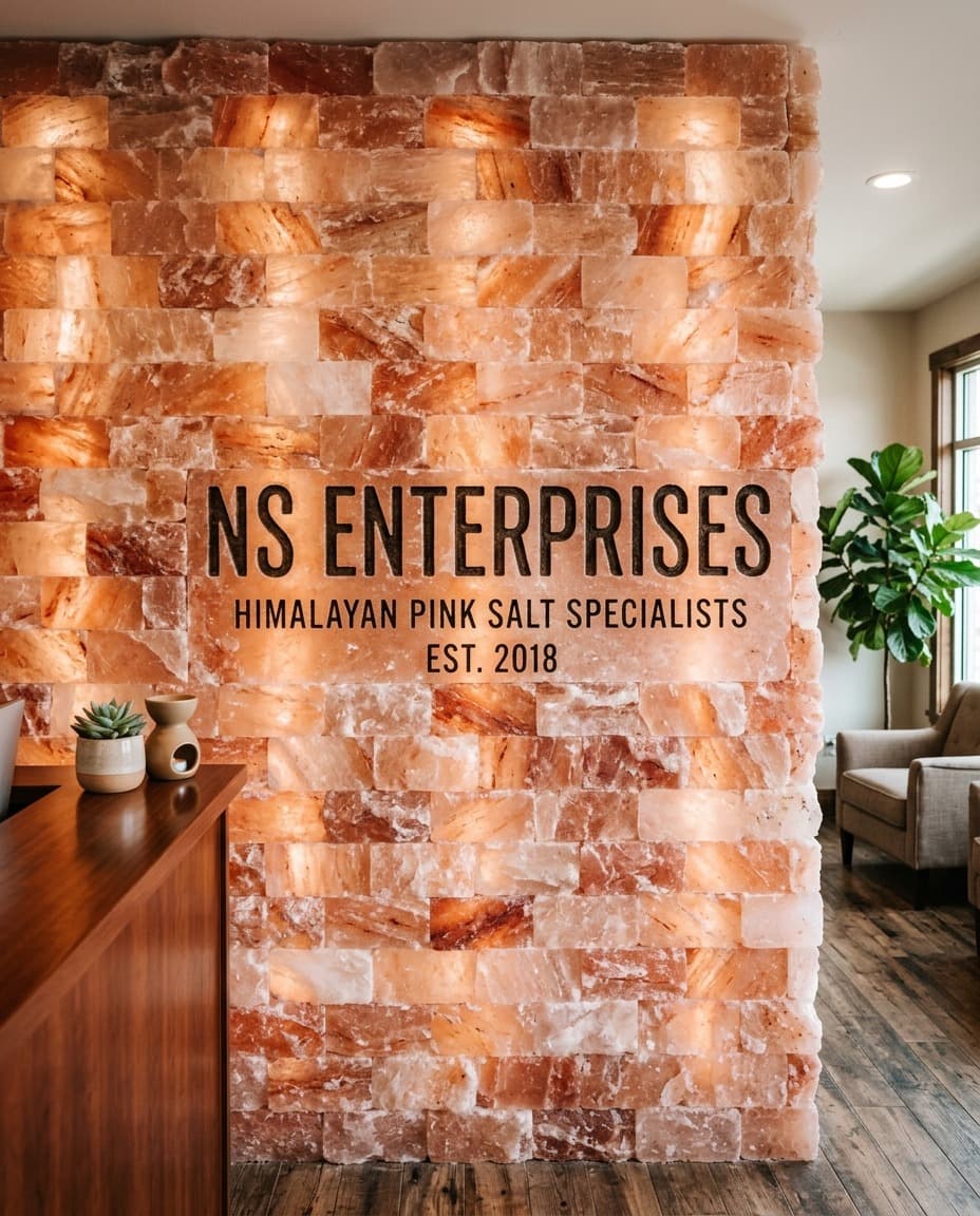 NatCore Enterprises branded Himalayan pink salt brick wall at a reception